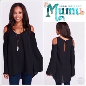 Show Me Your Mumu Black Cold Shoulder Satiny Blouse Tunic Medium‎